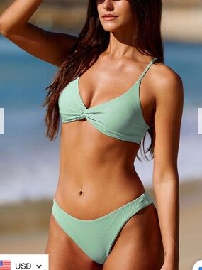 NWT Berlook Twist-Front Mint Ribbed Bikini Top & Bottom - Women Swim